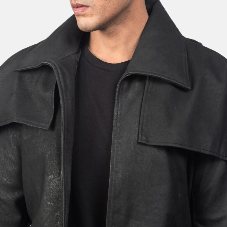 Mens Classic Distressed Black Leather Duster4417-5-1557052871707